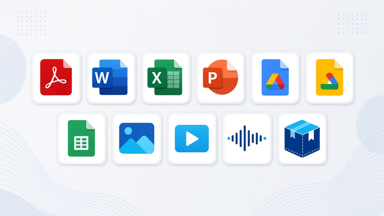 Icons representing supported content types including PDF, Microsoft Office, Google Workspace, images, video, audio and SCORM packages