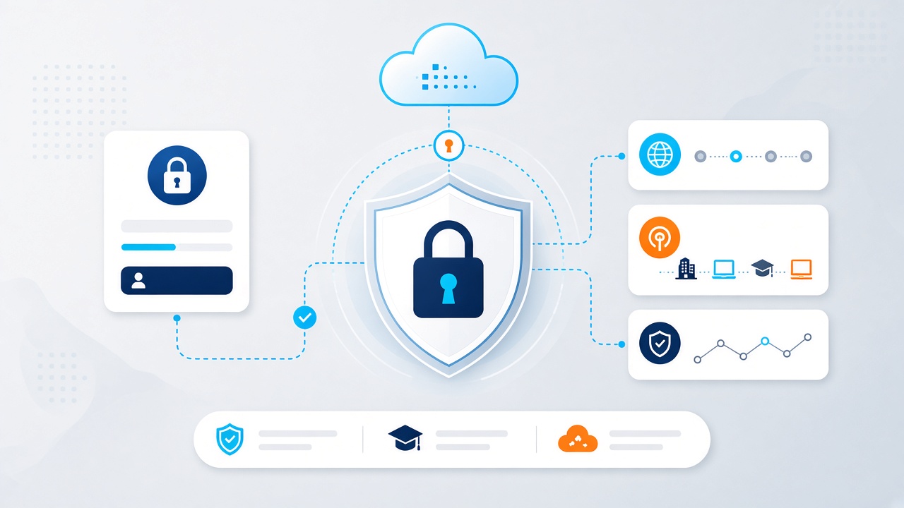 Illustration of technological security including shield, lock and secure cloud access