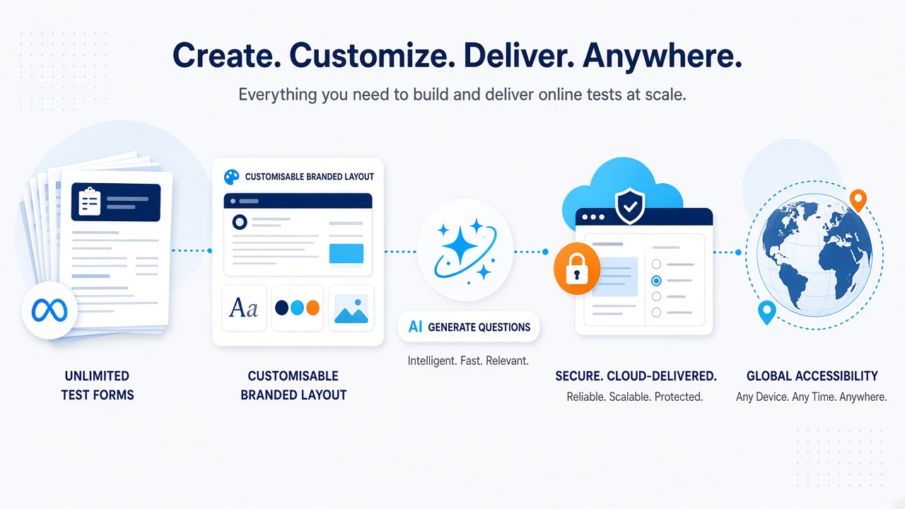 Illustration of flexible intelligent test creation with branding, secure delivery and global access