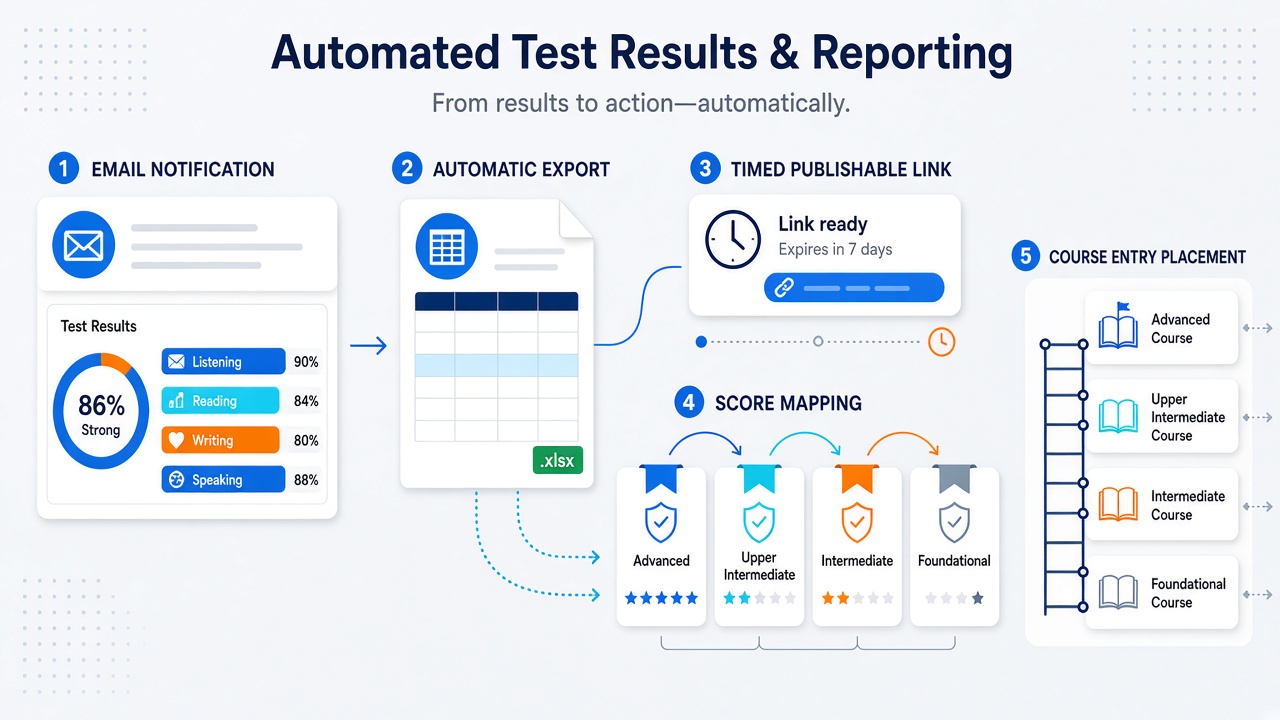Illustration of automated results, exports, timed test links and score mapping